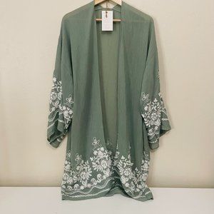 Sage Floral Embroidered Long Sleeve Kimono Cover-Up